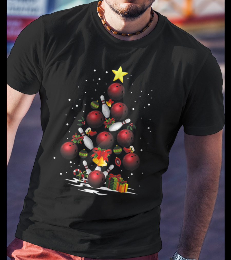 Funny Bowling Christmas Tree Light Bowling Ball Ornaments Star Pin Gifts T-Shirt