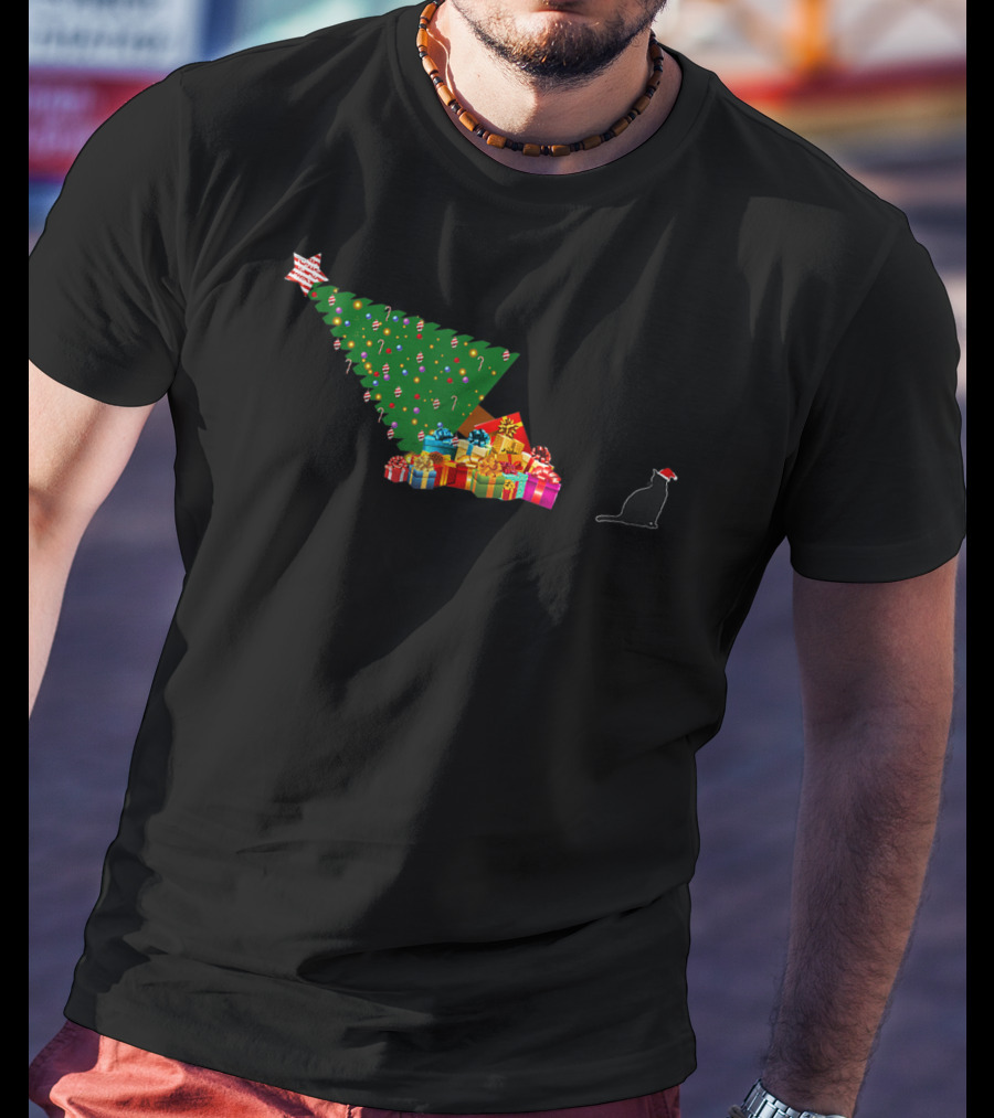 Funny Cat Topples Christmas Tree With Santa Hat T-Shirt