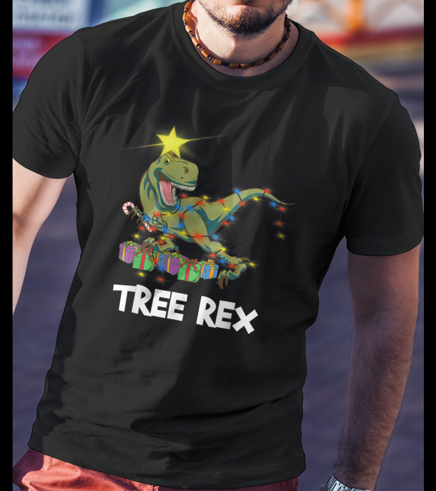 Tree Rex Christmas Dinosaur With Star And Gift Lights T-Shirt