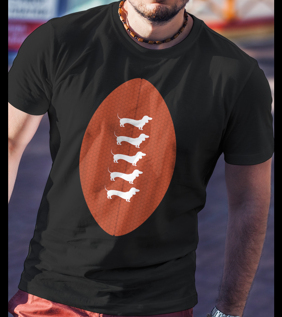Funny Dachshund Wiener Dog Football Oval Five White Silhouettes On Textured Brown Background T-Shirt