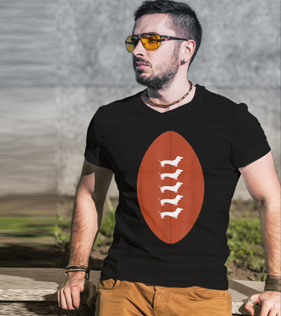 Funny Dachshund Wiener Dog Football Oval Five White Silhouettes On Textured Brown Background T-Shirt