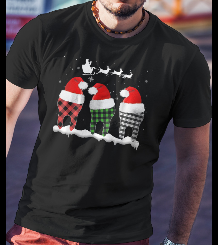 Funny Dentist Hygienists Christmas Pajama Santa Tooth Plaid T-Shirt