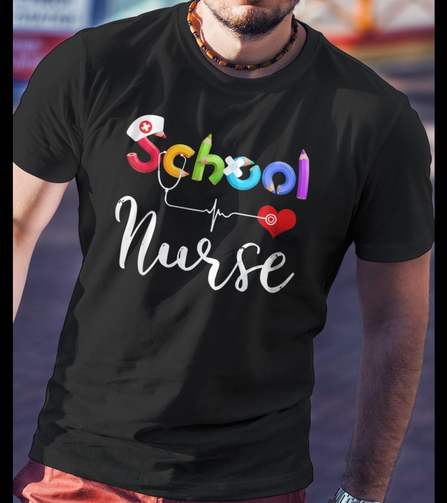 School Nurse Colorful Pencil Heartbeat T-Shirt