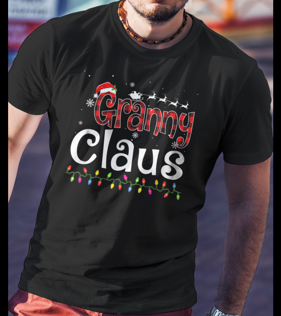 Granny Claus Santa Hat Reindeer Sleigh Christmas Lights Snowflakes T-Shirt