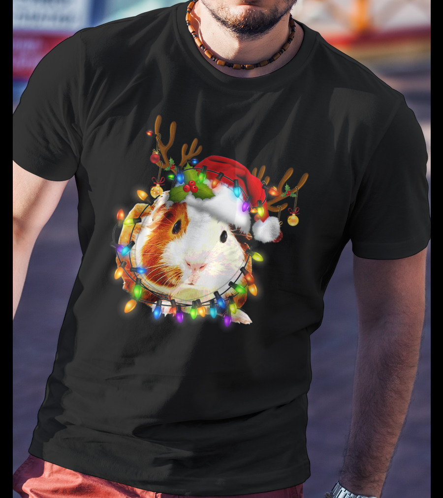 Guinea Pig With Christmas Lights And Reindeer Antlers In Santa Hat T-Shirt