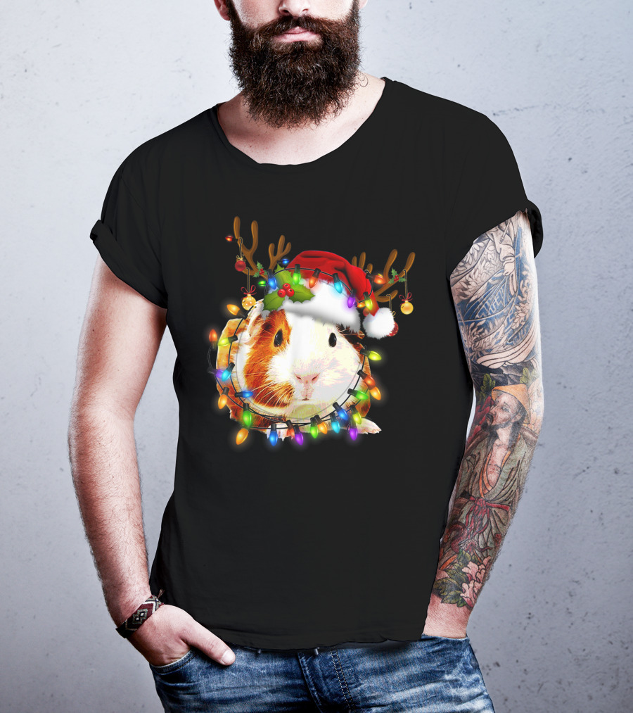 Guinea Pig With Christmas Lights And Reindeer Antlers In Santa Hat T-Shirt