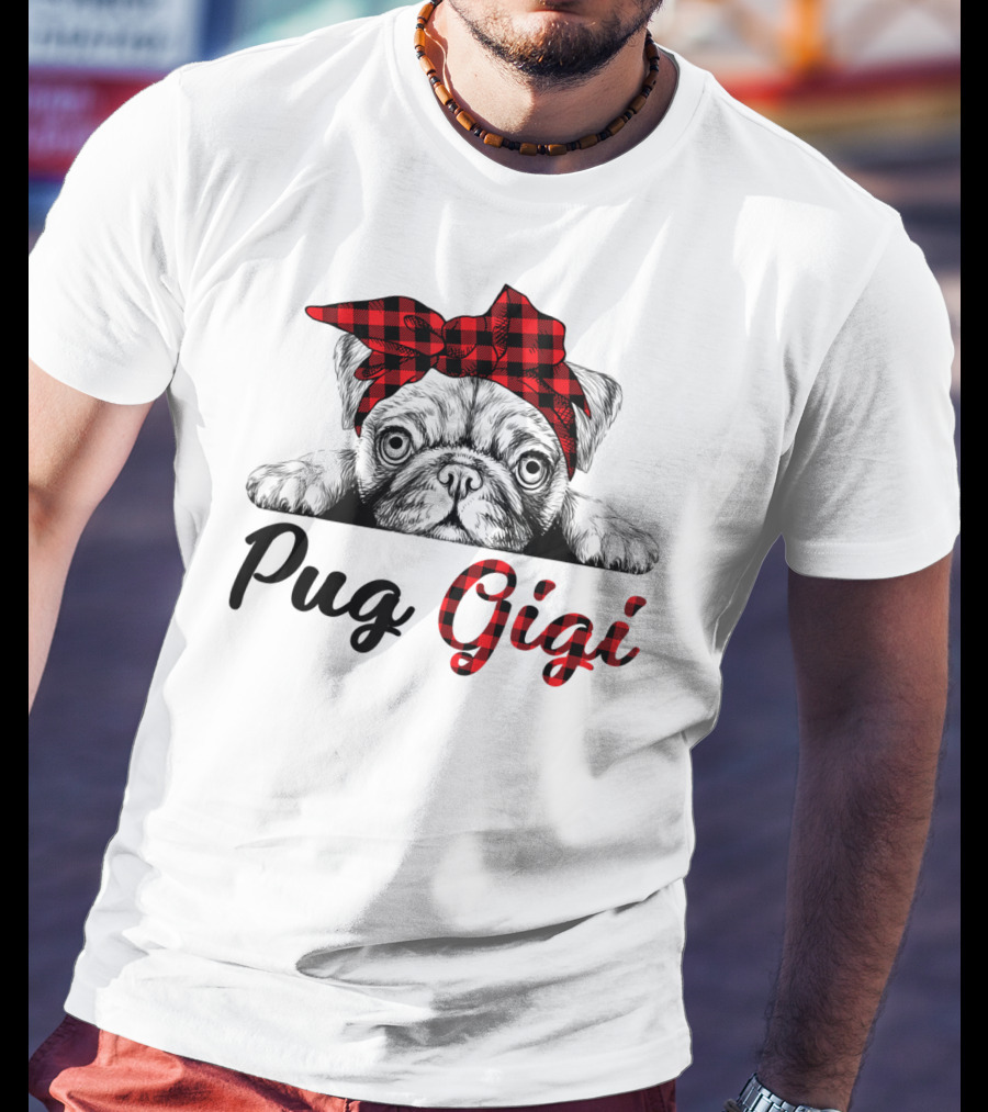Pug Gigi Red Plaid Headband T-Shirt