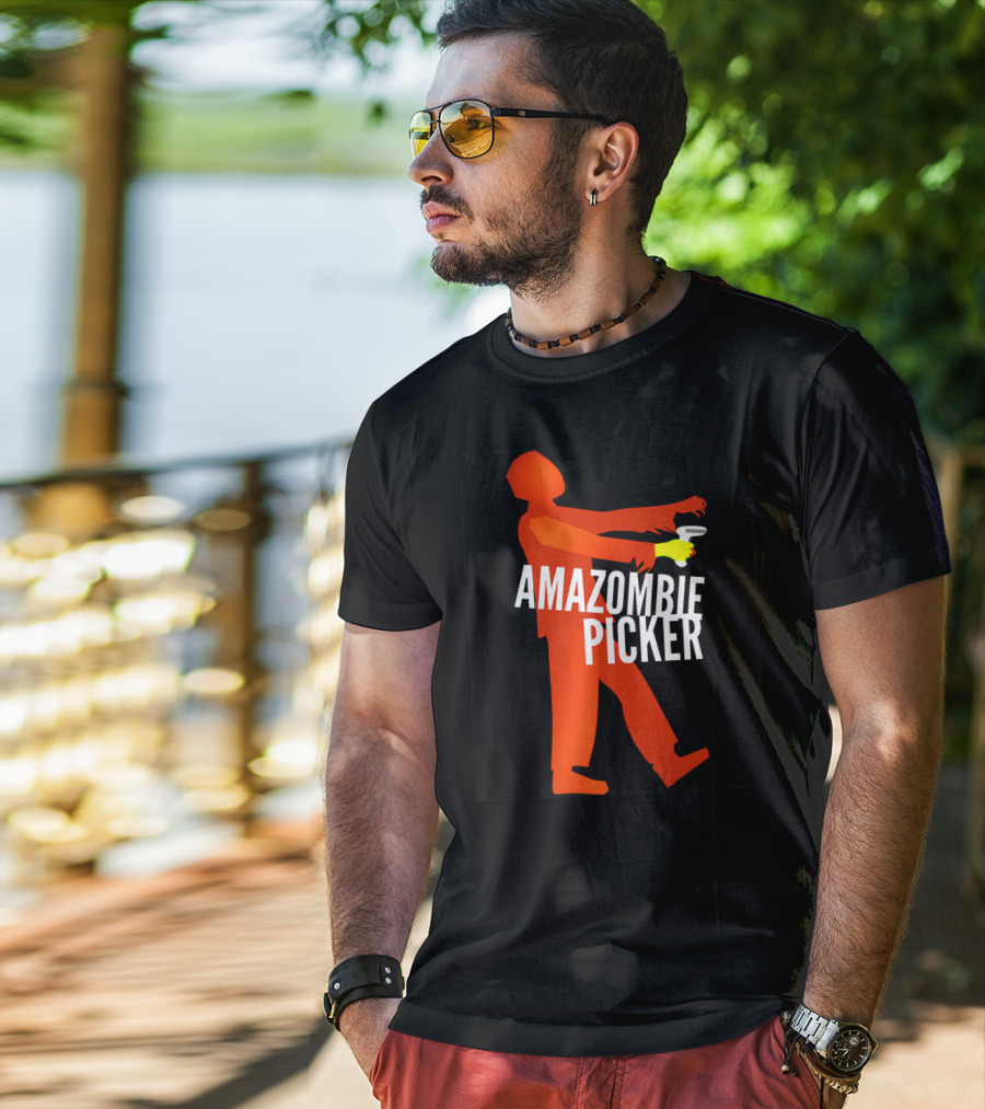 Amazombie Picker Walking Zombie Silhouette With Coffee Cup T-Shirt