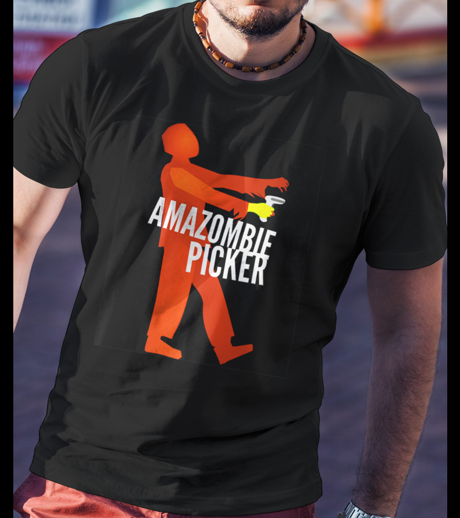 Amazombie Picker Walking Zombie Silhouette With Coffee Cup T-Shirt