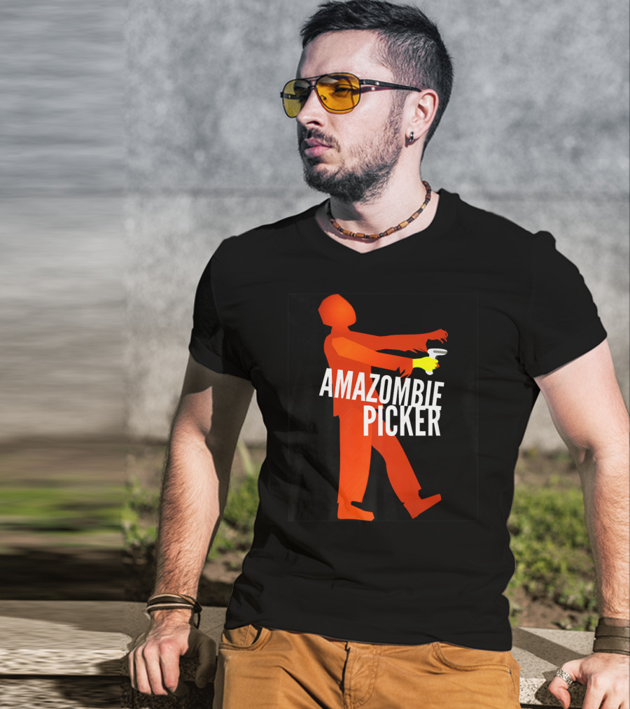Amazombie Picker Walking Zombie Silhouette With Coffee Cup T-Shirt
