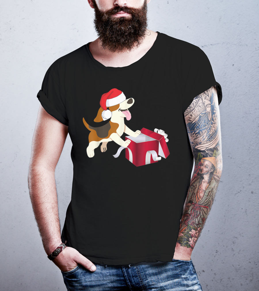 Beagle Dog Christmas Funny Santa Hat With Gift Box T-Shirt