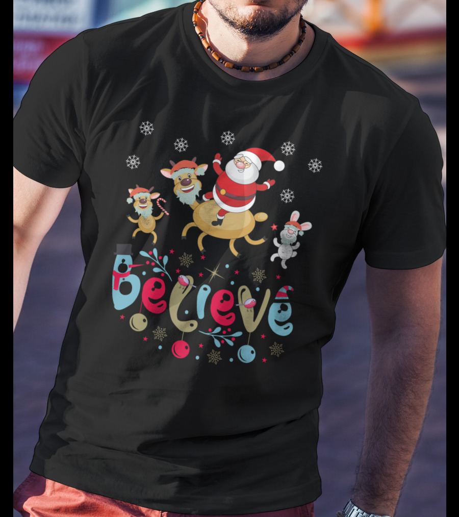 Believe Christmas Santa Claus Reindeer Rabbit Snowflakes T-Shirt