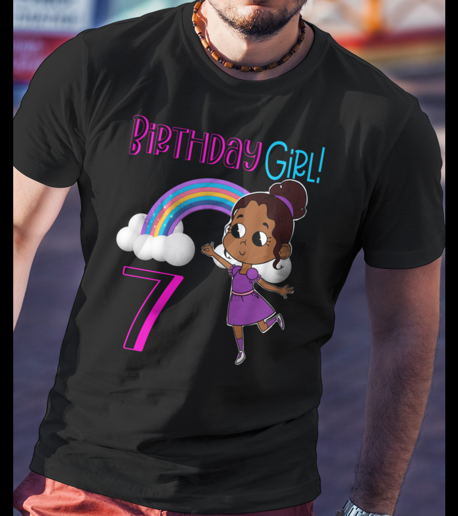 Birthday Girl 7 African American With Rainbow And Dancing Child T-Shirt