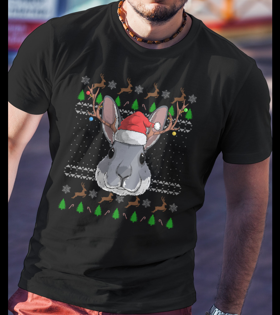 Bunny Rabbit Wearing Santa Claus Hat With Antler Reindeer And Christmas Trees T-Shirt