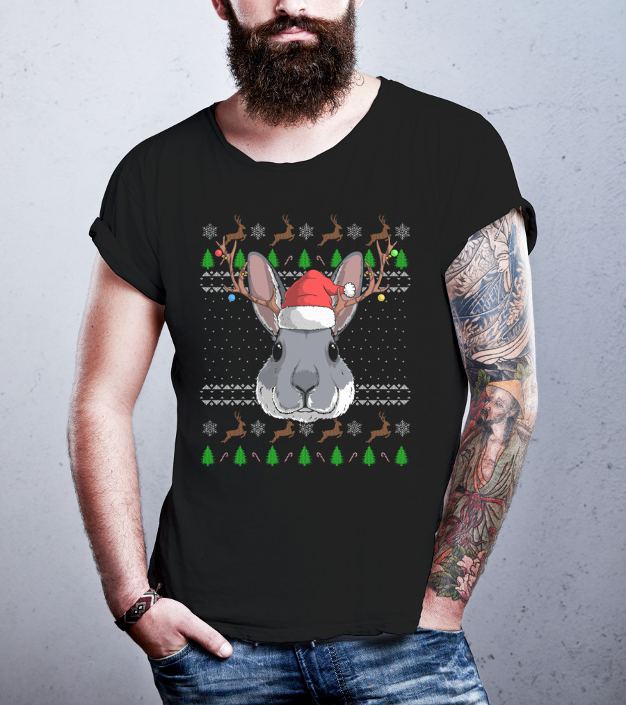 Bunny Rabbit Wearing Santa Claus Hat With Antler Reindeer And Christmas Trees T-Shirt