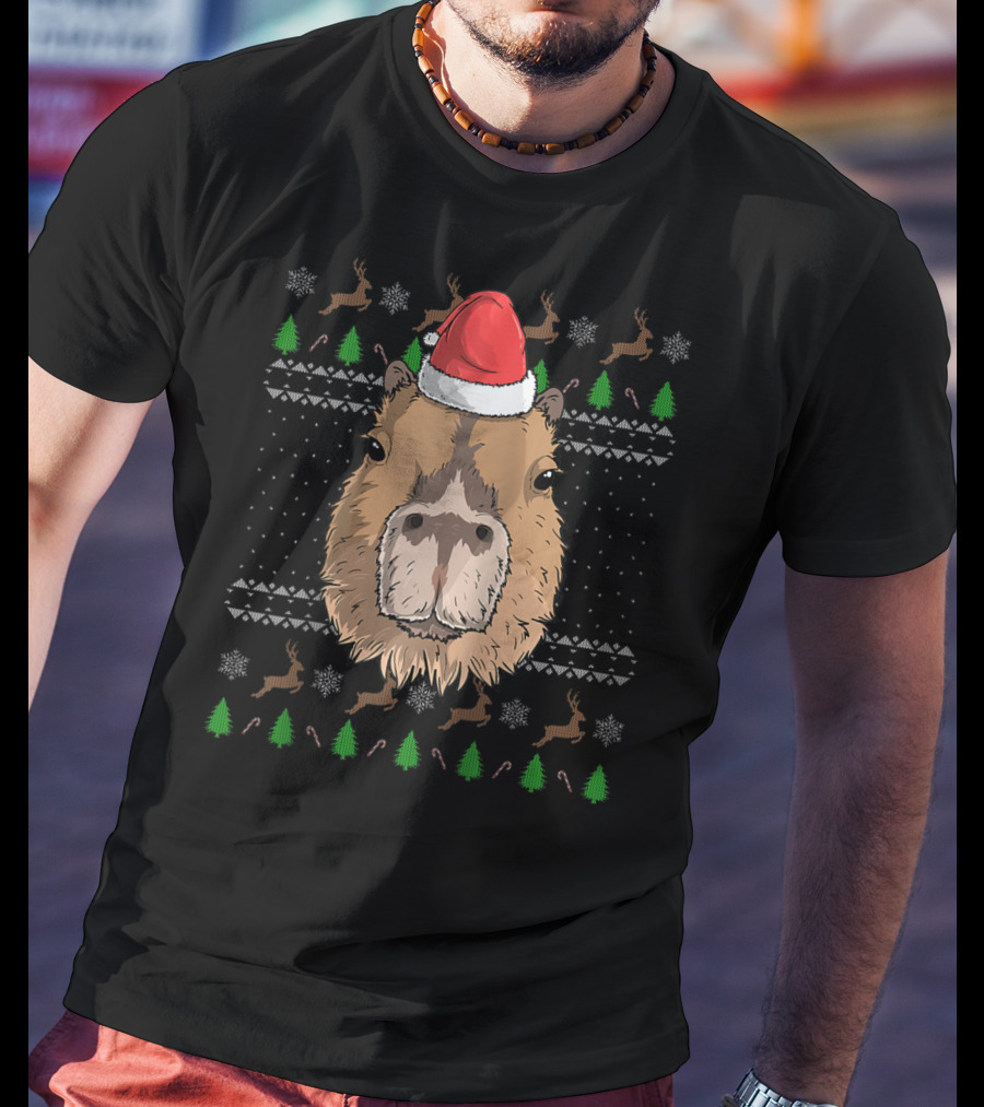 Capybara With Santa Claus Hat In Christmas Theme With Reindeer And Trees T-Shirt