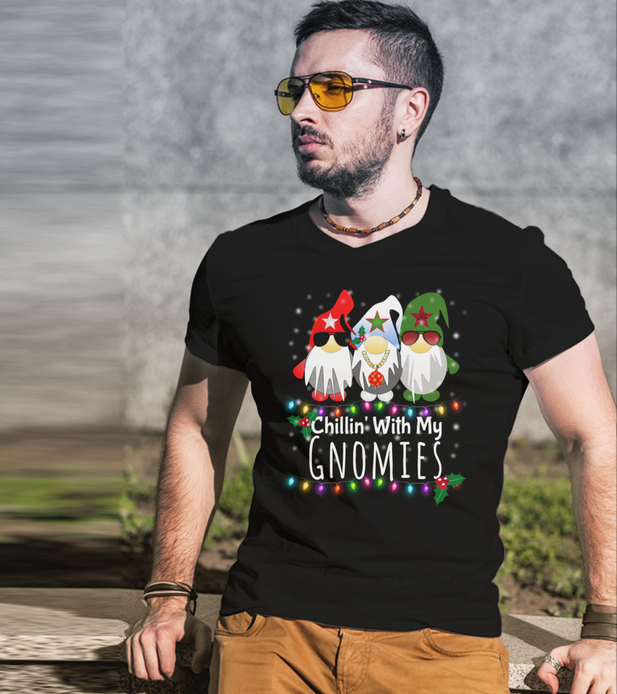 Chillin With My Gnomies Funny Christmas Light Gnome Trio T-Shirt