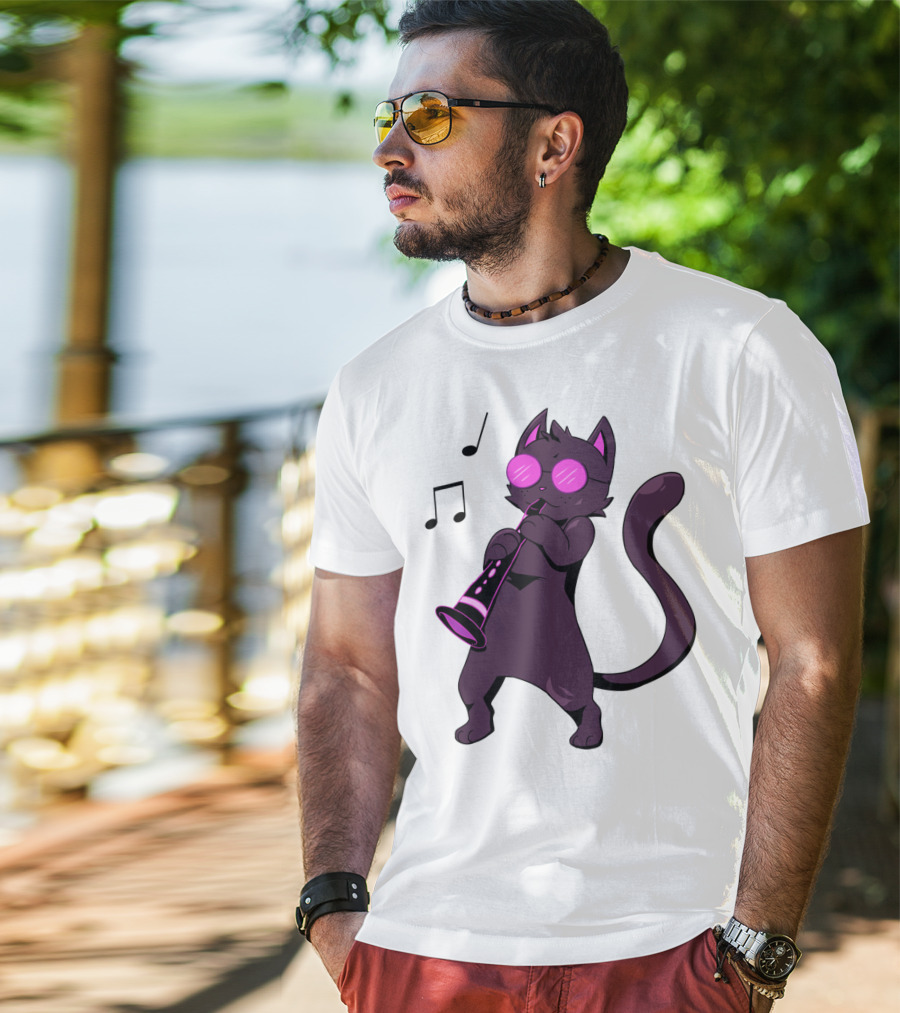 Clarinet Playing Cool Cat Hippy Hipster Kitty With Sunglasses T-Shirt