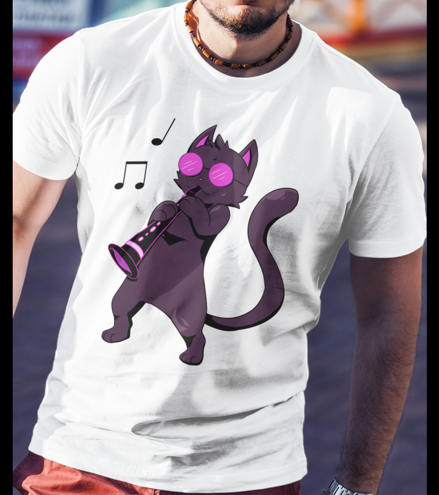 Clarinet Playing Cool Cat Hippy Hipster Kitty With Sunglasses T-Shirt
