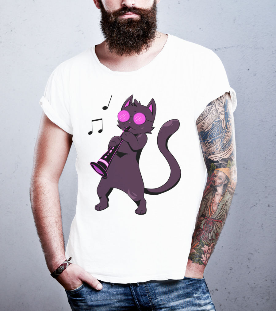 Clarinet Playing Cool Cat Hippy Hipster Kitty With Sunglasses T-Shirt