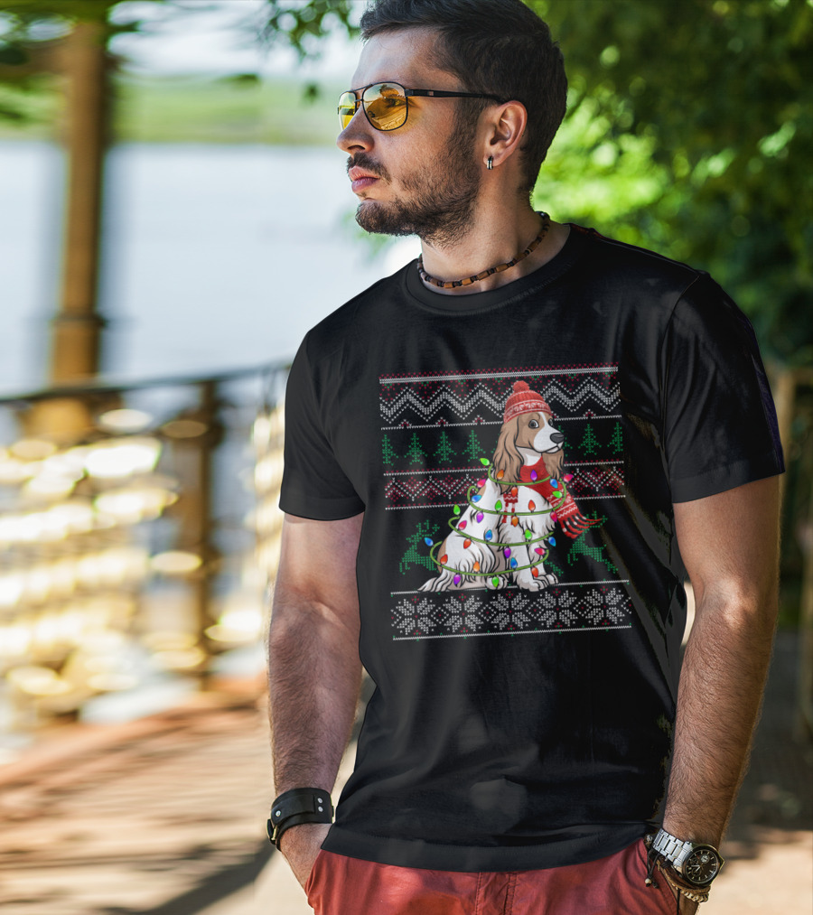 Cocker Spaniel Holiday Sweater With Christmas Lights And Reindeer T-Shirt
