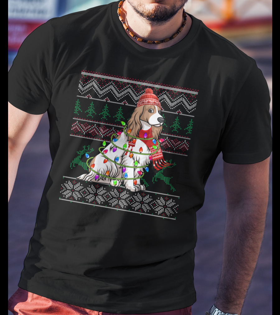 Cocker Spaniel Holiday Sweater With Christmas Lights And Reindeer T-Shirt