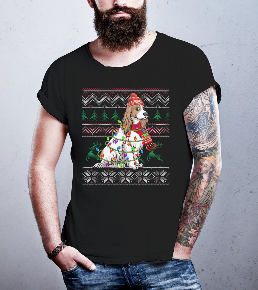Cocker Spaniel Holiday Sweater With Christmas Lights And Reindeer T-Shirt