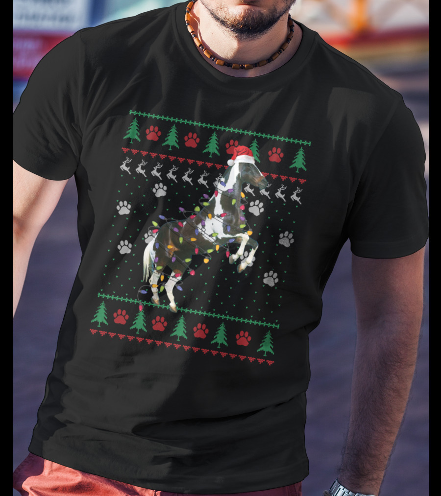 American Paint Horse Christmas Lights Santa Hat Ugly T-Shirt