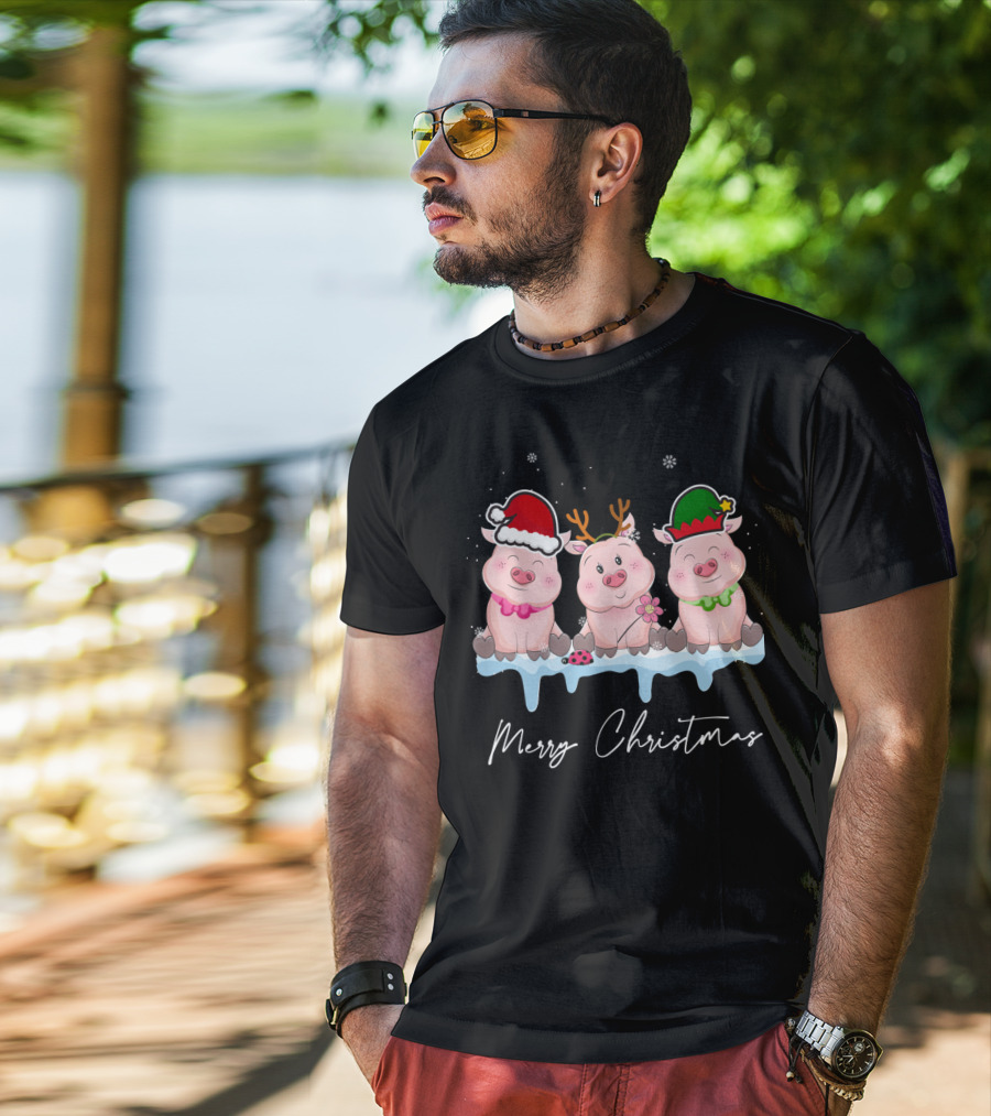 Merry Christmas Cute Pig Santa Hat Xmas Holiday Trio T-Shirt
