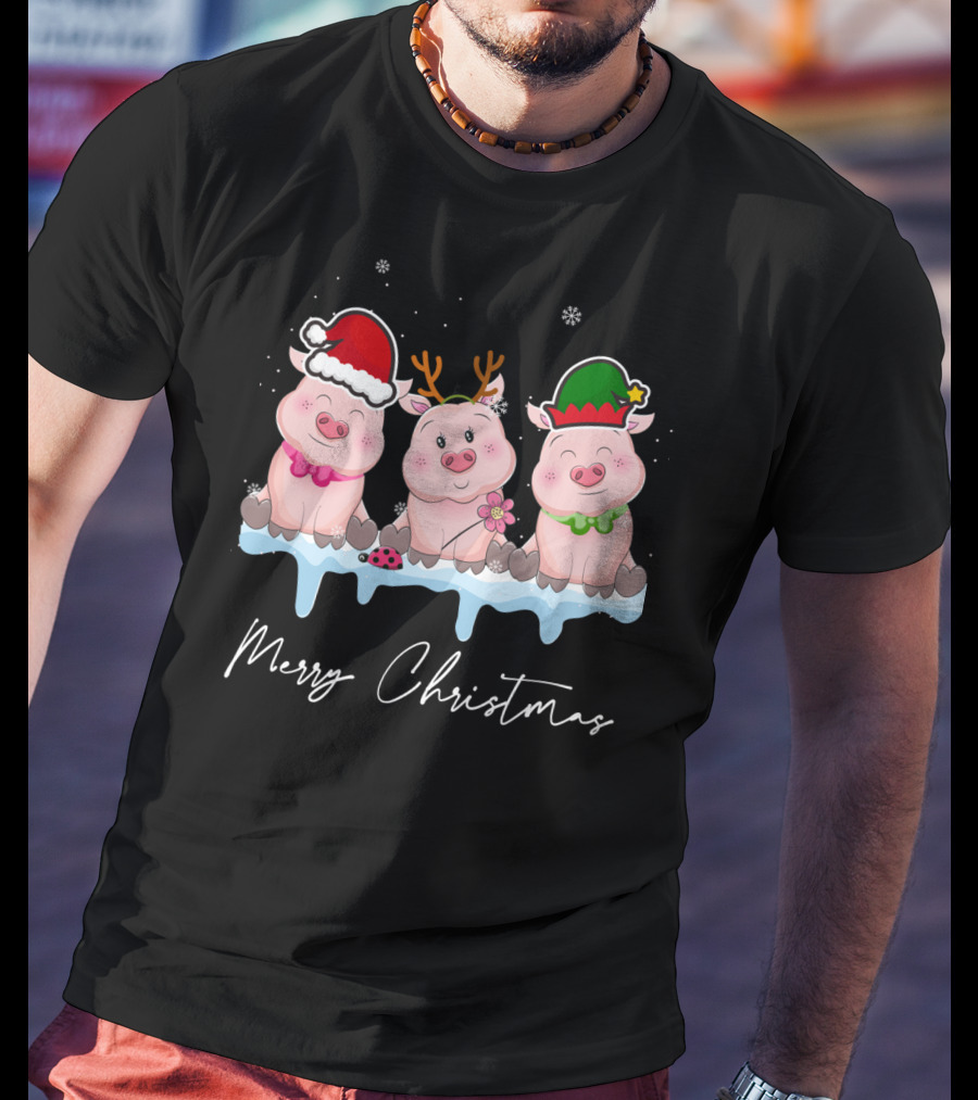 Merry Christmas Cute Pig Santa Hat Xmas Holiday Trio T-Shirt