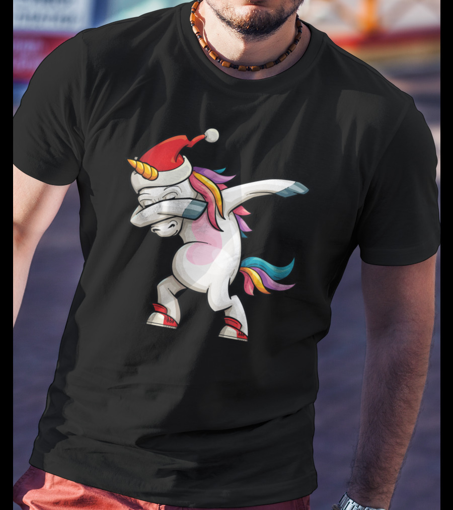 Dabbing Santacorn Xmas Funny Santa Unicorn Rainbow Mane Santa Hat T-Shirt