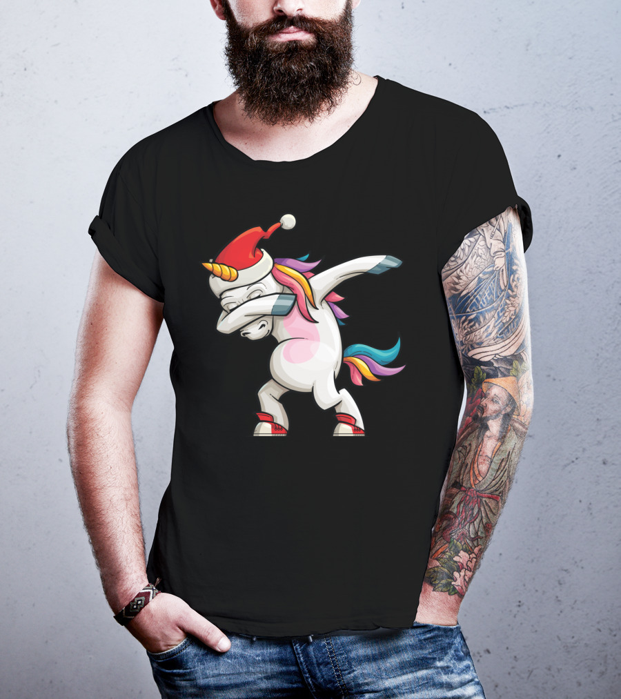Dabbing Santacorn Xmas Funny Santa Unicorn Rainbow Mane Santa Hat T-Shirt