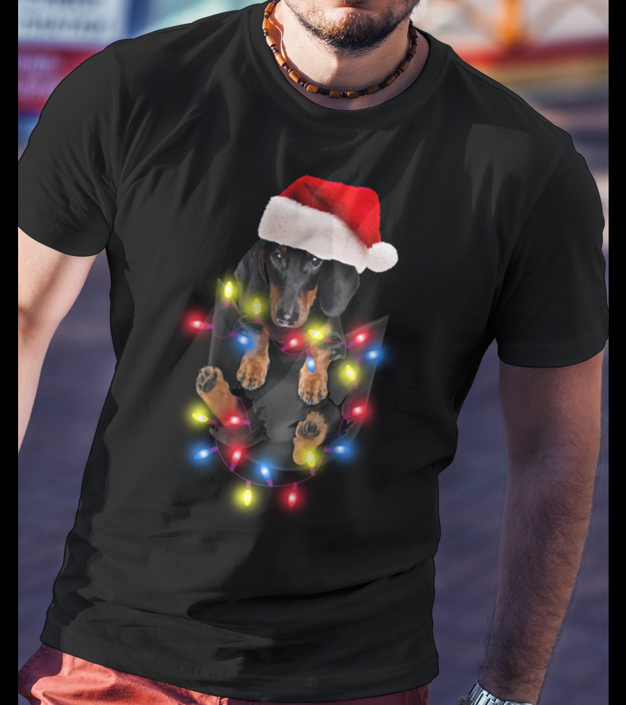 Dachshund Santa Hat Christmas Lights In Pocket Festive Holiday Puppy T-Shirt