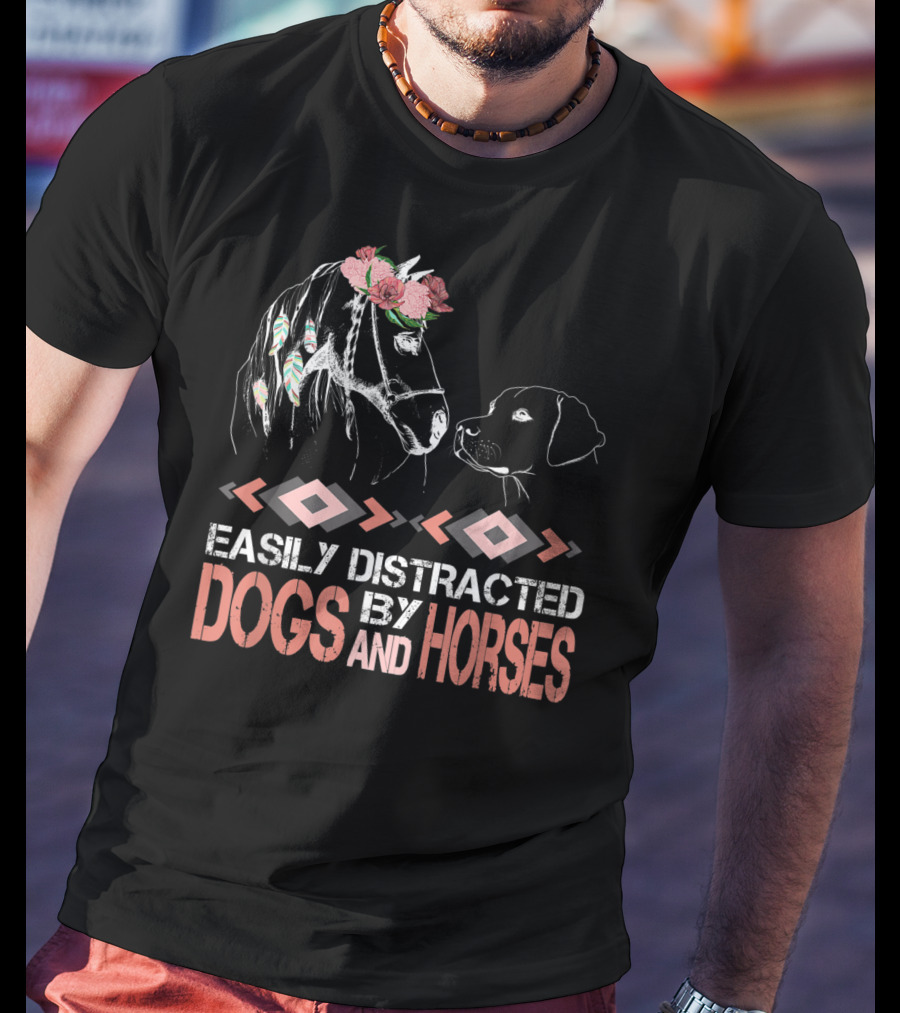 Easily Distracted By Dogs And Horses Horse With Flowers And Feathers T-Shirt