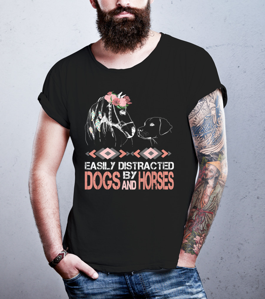 Easily Distracted By Dogs And Horses Horse With Flowers And Feathers T-Shirt