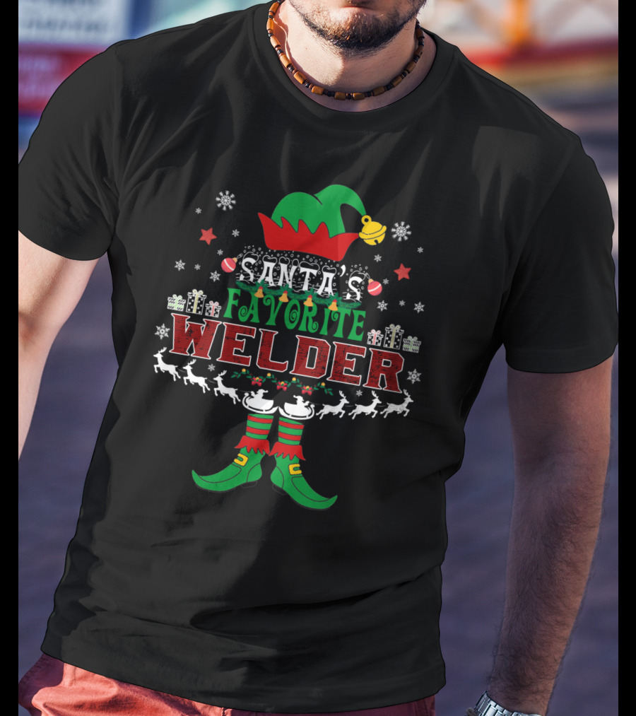 Santa's Favorite Welder Elf Xmas Reindeer Snowflakes Gifts T-Shirt