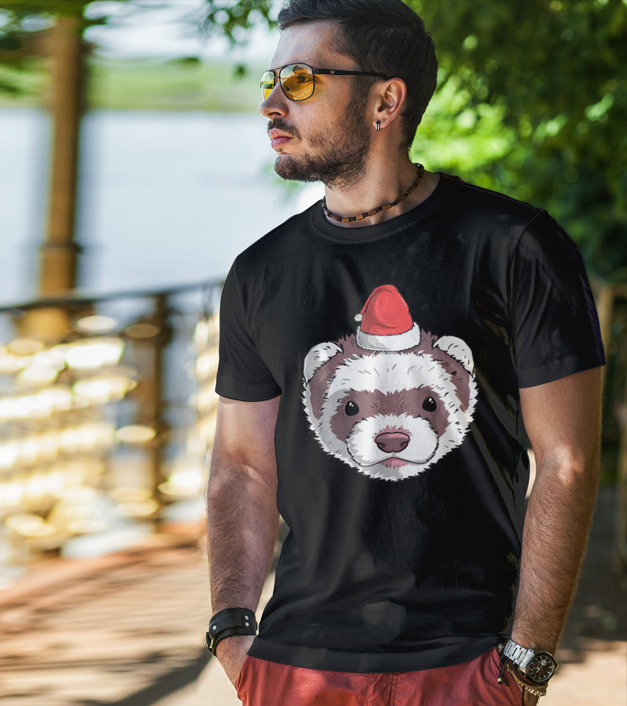 Ferret Santa Claus Hat Christmas Holiday Festive Headwear T-Shirt