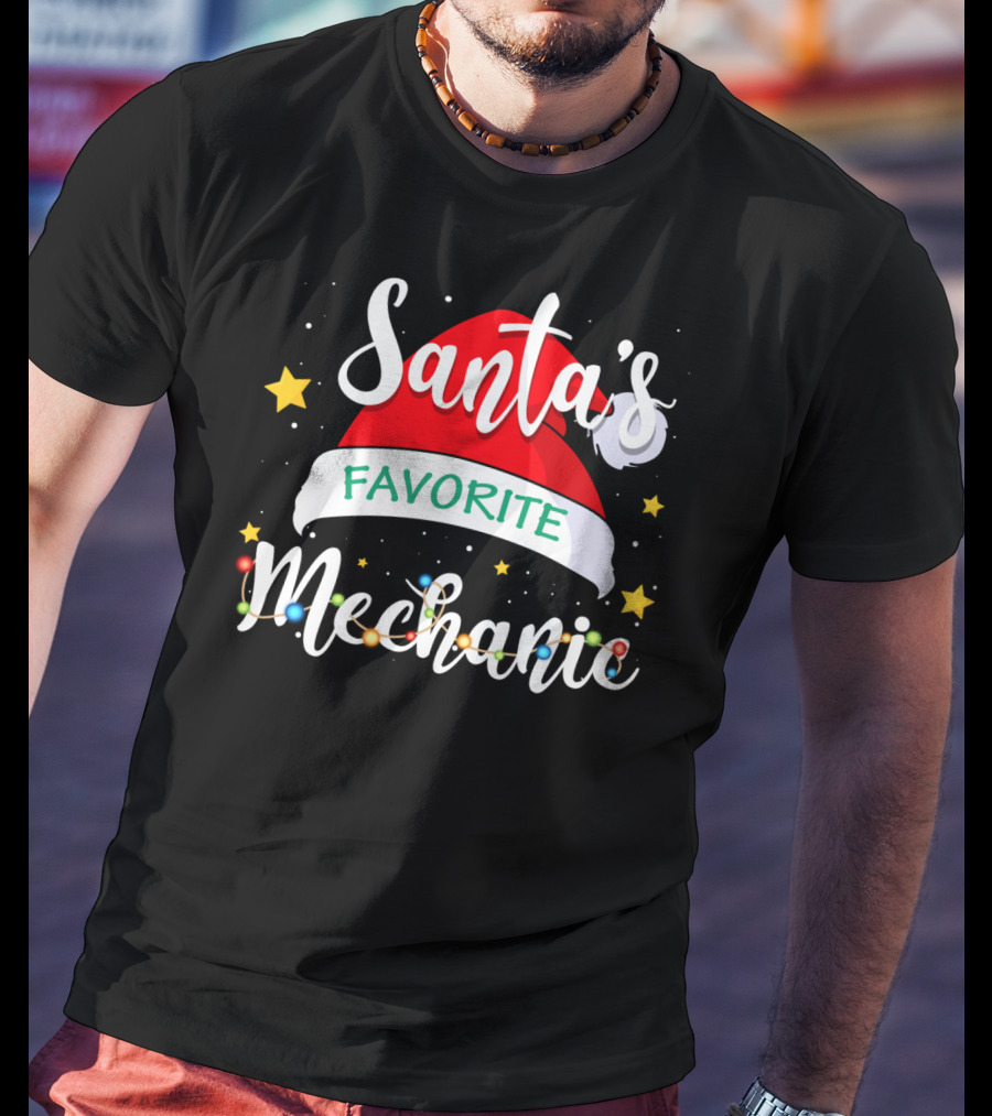 Santa's Favorite Mechanic Christmas Costume With Santa Hat And Holiday Lights T-Shirt