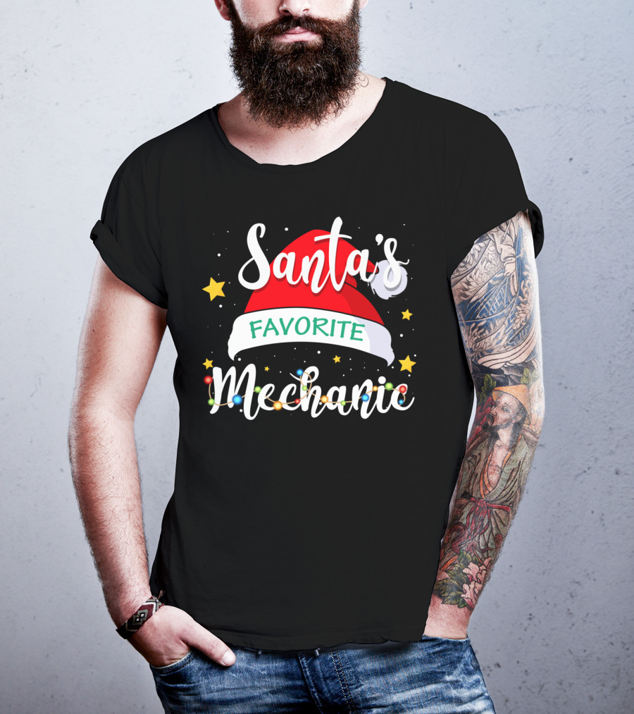 Santa's Favorite Mechanic Christmas Costume With Santa Hat And Holiday Lights T-Shirt