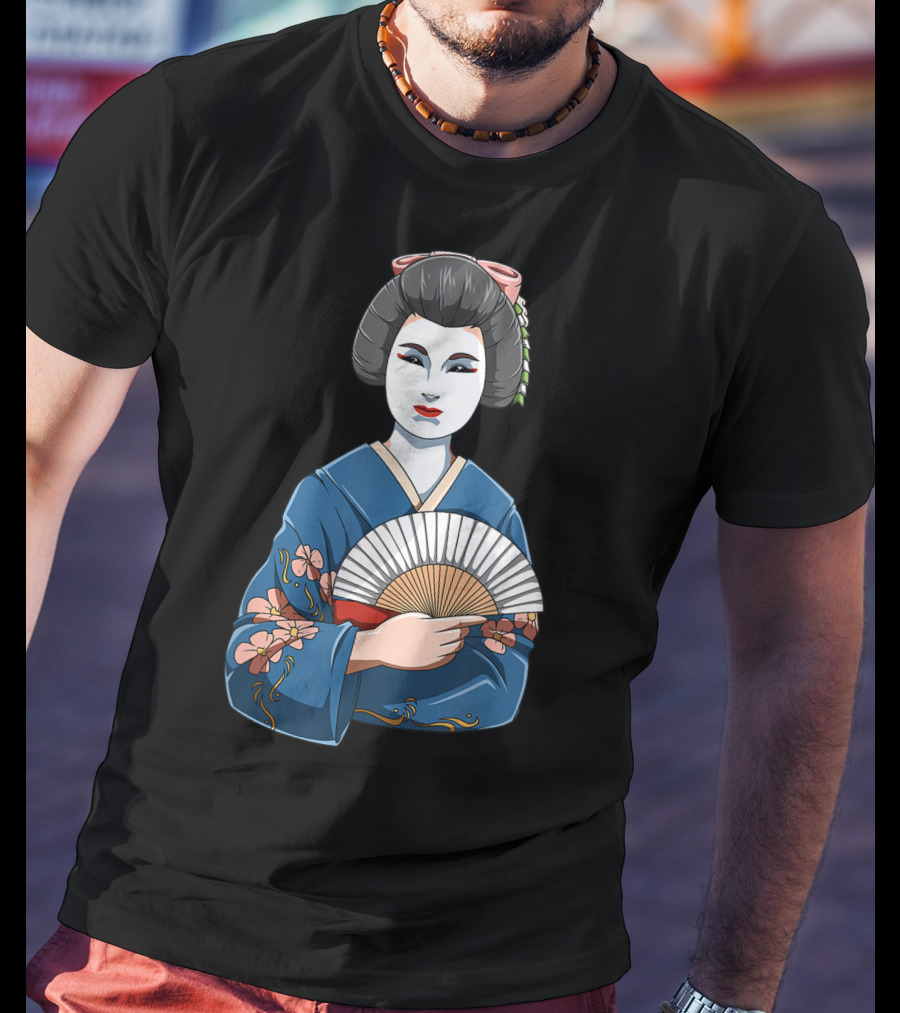 Geisha Girl Traditional Japanese Kimono Fan Blossoms T-Shirt