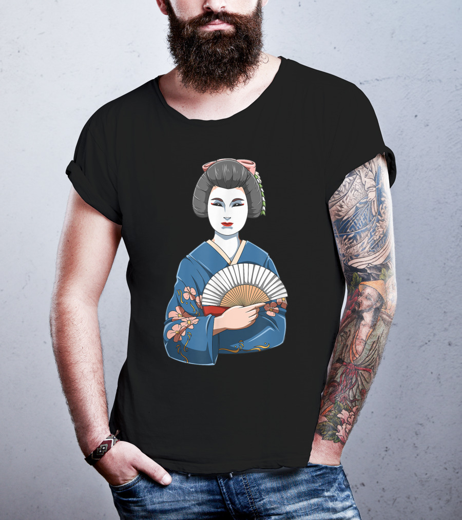 Geisha Girl Traditional Japanese Kimono Fan Blossoms T-Shirt