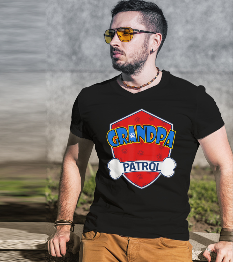 Grandpa Patrol Shield With Pawprint Bone T-Shirt