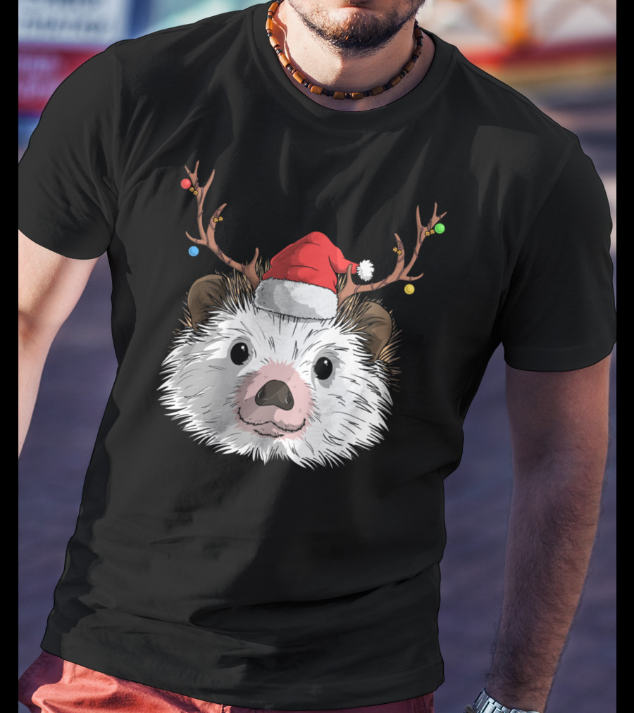 Hedgehog Santa Claus Hat Antlers Christmas Holiday T-Shirt
