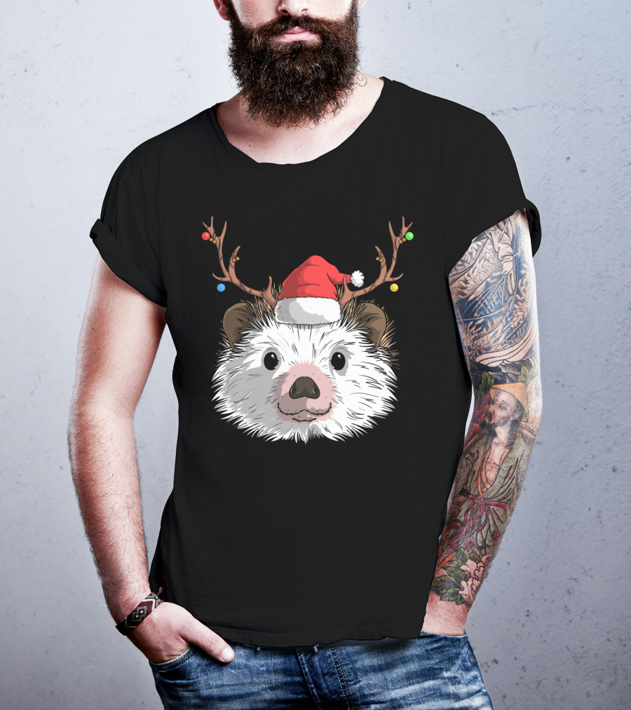 Hedgehog Santa Claus Hat Antlers Christmas Holiday T-Shirt
