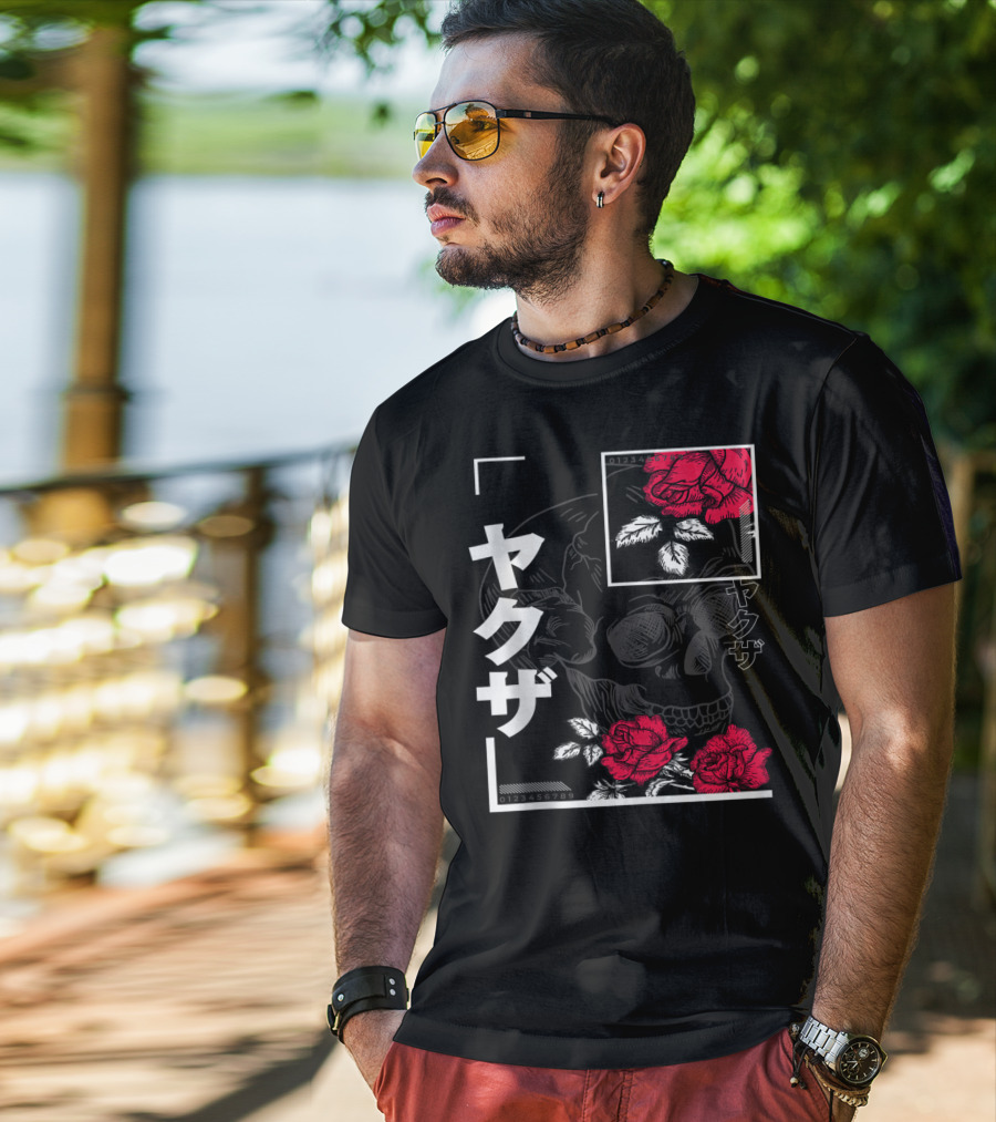 Urban Yakuza Skull And Red Roses T-Shirt