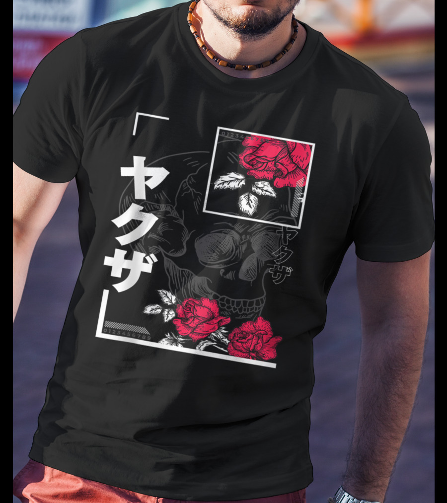 Urban Yakuza Skull And Red Roses T-Shirt