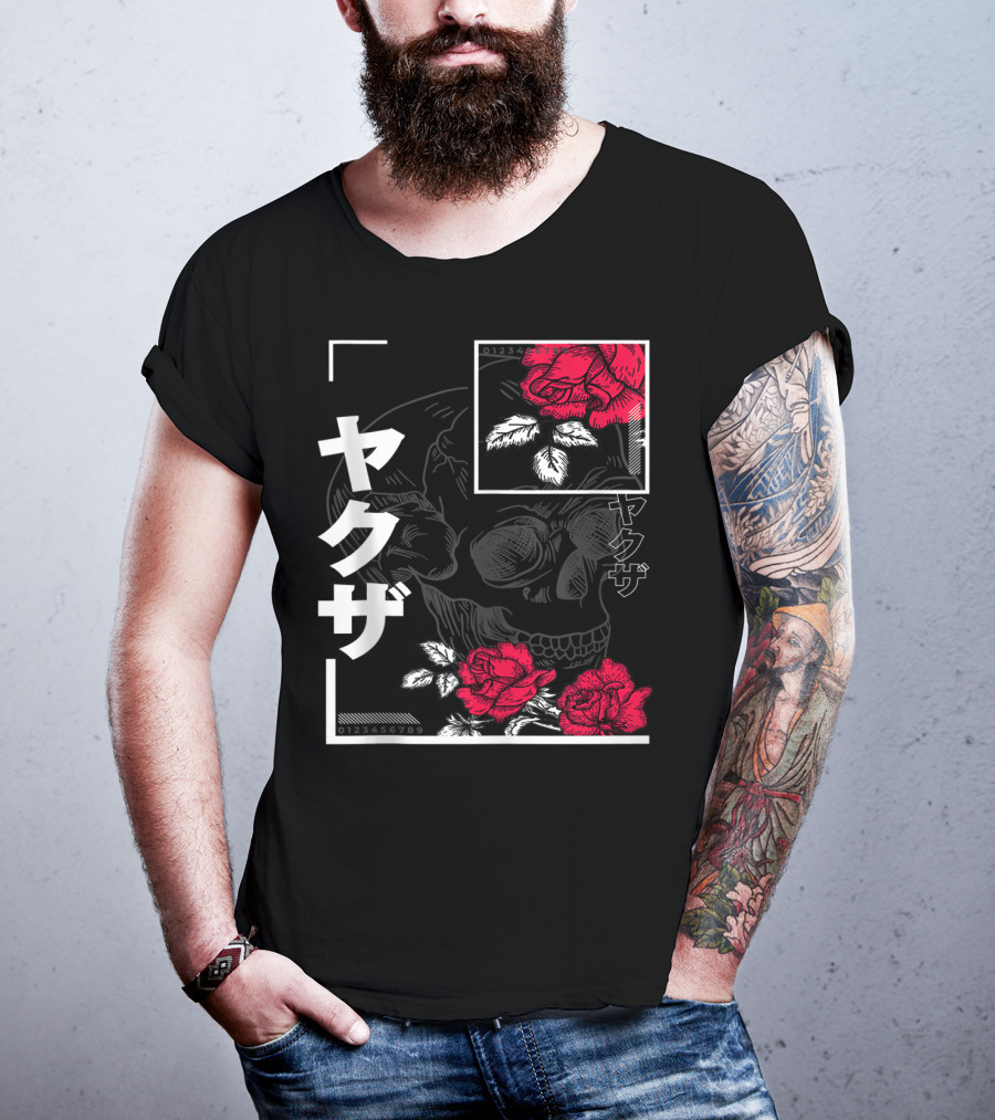 Urban Yakuza Skull And Red Roses T-Shirt