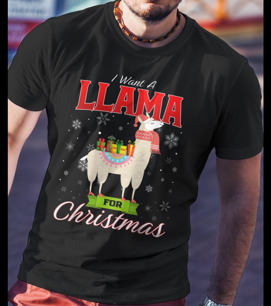 I Want A Llama For Christmas Santa Hat Snowflakes T-Shirt