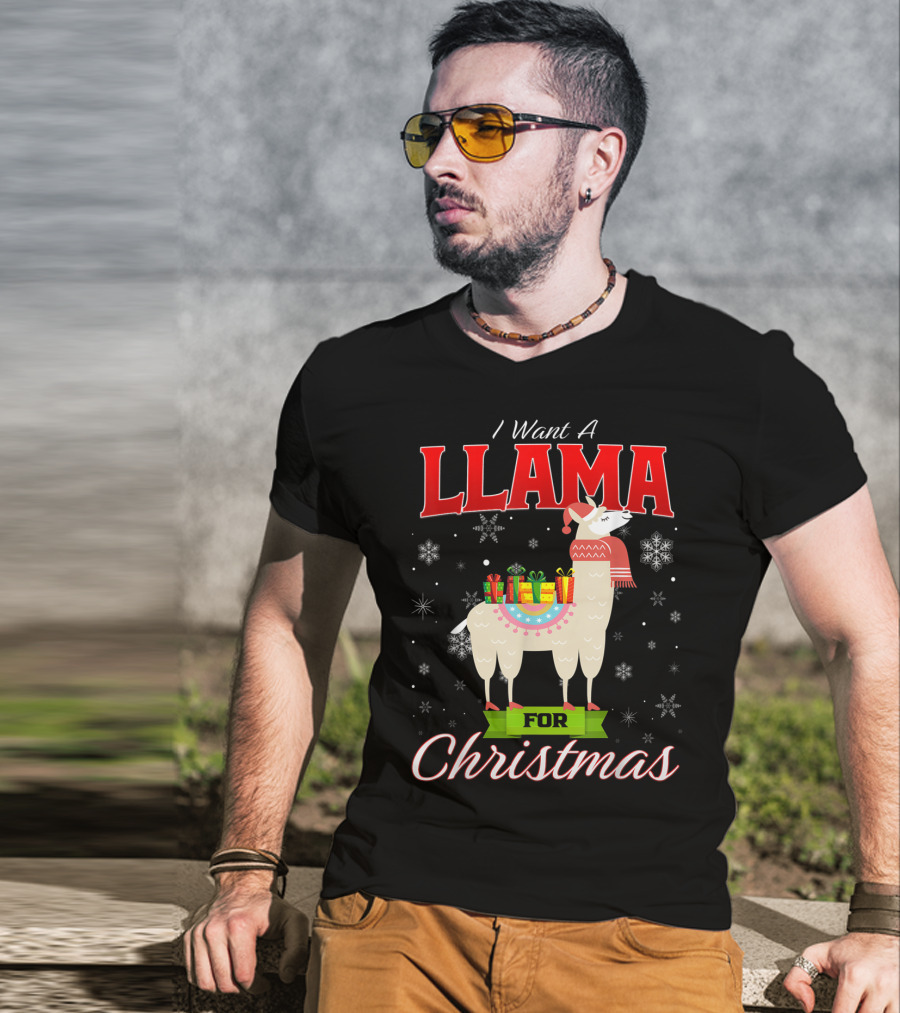 I Want A Llama For Christmas Santa Hat Snowflakes T-Shirt