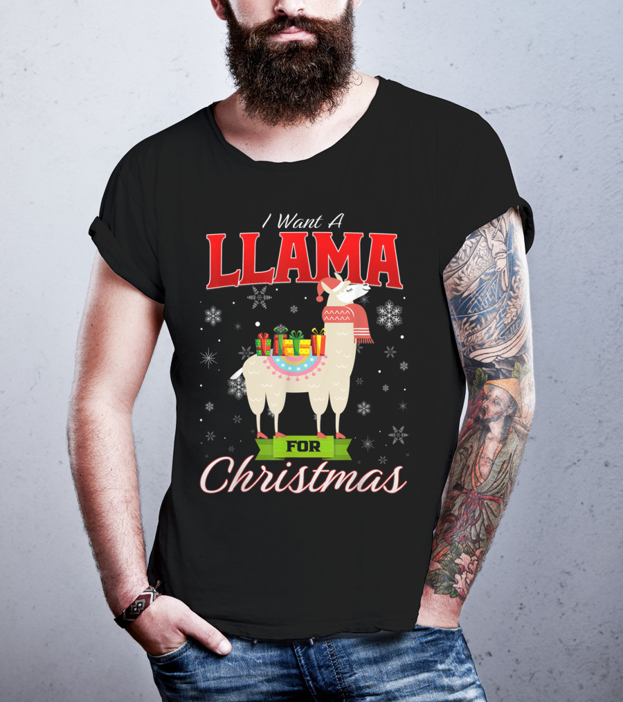 I Want A Llama For Christmas Santa Hat Snowflakes T-Shirt